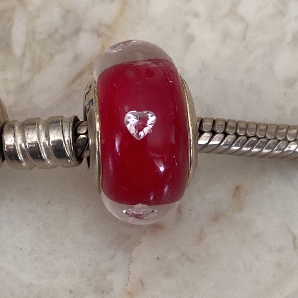 925 Sterling Silver Murano Glass Crystal Heart Charm Bead Pandora Compatible